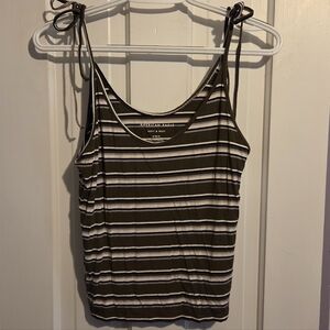 American Eagle Outfitters Olive and White Striped Tie-Shoulder Tank